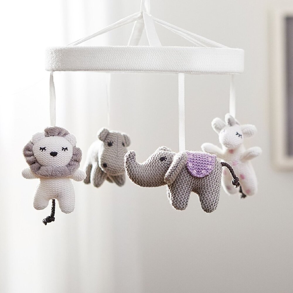 Pottery Barn Kids Knit Animal Friends White Musical Baby Crib Mobile